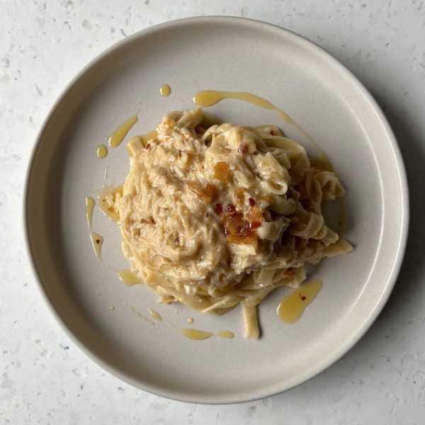 Fresh Macduff crab pasta from Fish Shop Restaurant in Ballater, Scotland