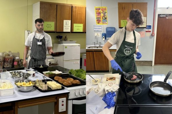 A gallery with a chef on one side teaching a boy on the other to cook venison burgers